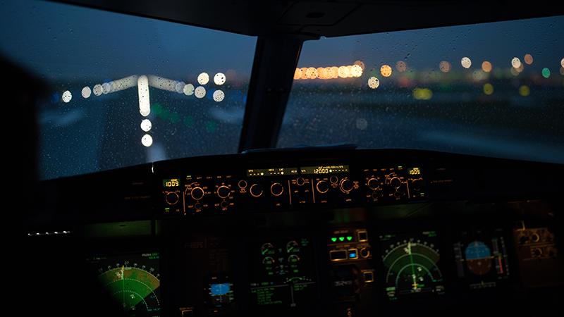 Commercial airliner airplane flight cockpit during takeoff