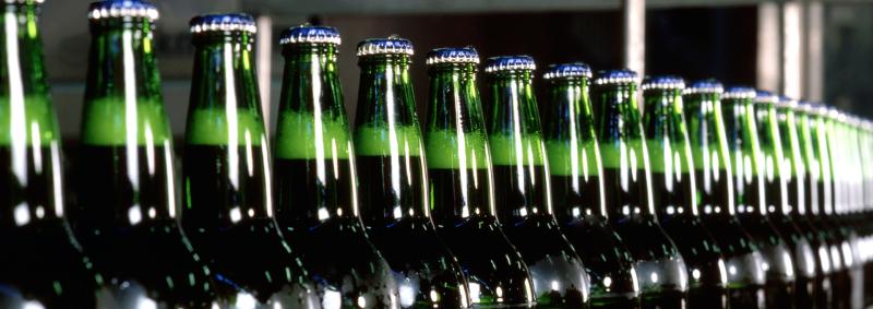 Green glass bottles on bottling line